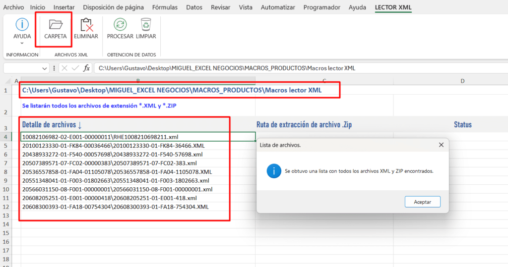 Obtener información de archivos XML SUNAT a Excel